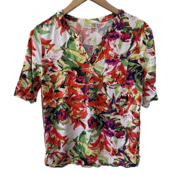 Palm Harbor Tropical Watercolor Leaves Quarte Button Pull Over Shirt Petite M - Picture 1 of 5